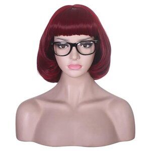 Short Wine Red Bob Wig with Bangs for Cosplay with Glasses Burgundy